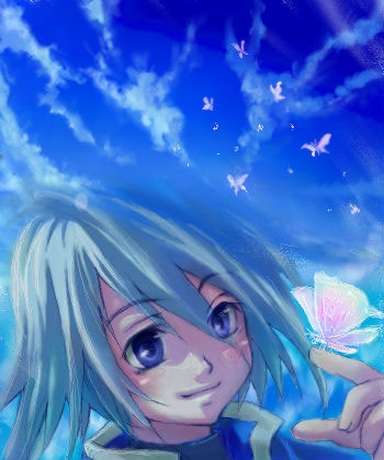 1boy, blue_background, blue_eyes, butterfly, clouds, genius_sage, lowres, male_focus