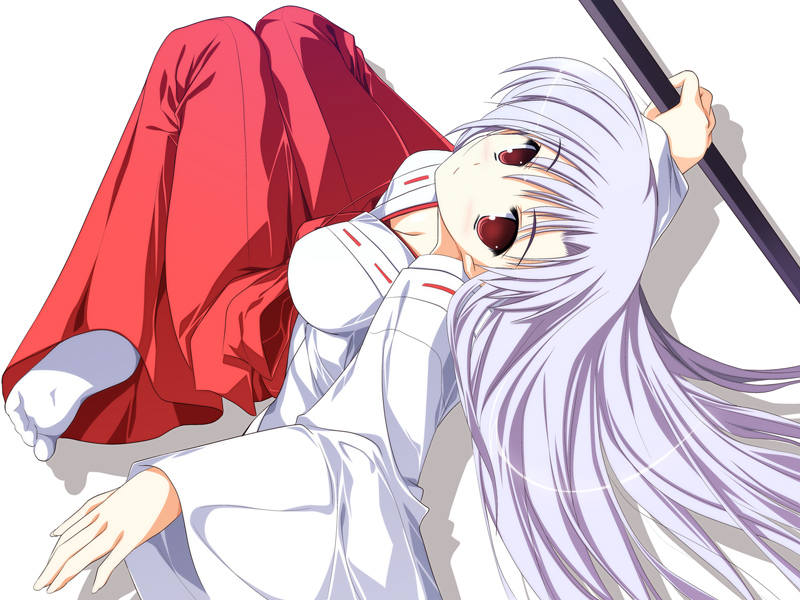 1girl, downblouse, hakama, japanese_clothes, long_hair, miko, minatogawa_tamami, moshimo_ashita_ga_hare_naraba