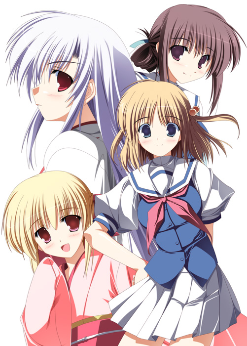 4girls, blonde_hair, blue_eyes, blush, brown_eyes, brown_hair, chihaya, chihaya_(moshiraba)