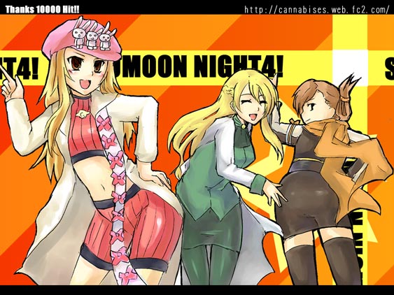 3girls, akane_(summon_night), bike_shorts, black_legwear, blonde_hair, broccoli_(company), brown_hair, caution_tape