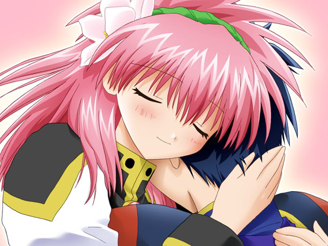 00s, 1boy, 1girl, blue_hair, blush, broccoli_(company), flower, galaxy_angel