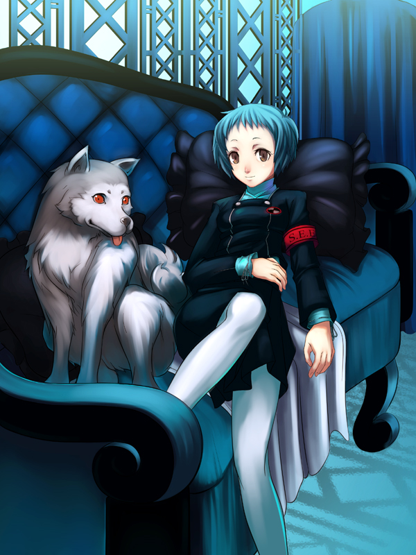 1girl, aqua_hair, armband, atlus, blue_hair, blue_upholstery, brown_eyes, couch