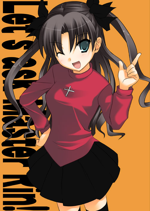 1girl, aqua_eyes, black_hair, fate/stay_night, fate_(series), kanzaki_karuna, long_hair, one_eye_closed