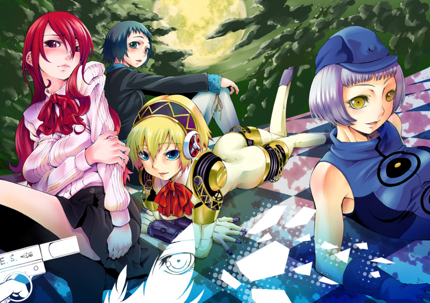 1boy, 4girls, :d, aegis, aegis_(persona), android, aqua_eyes, aqua_hair