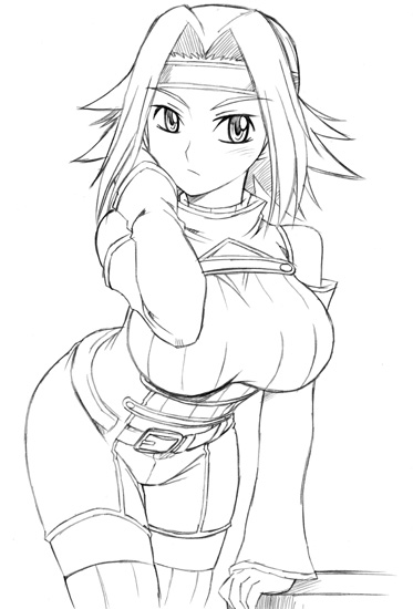 1girl, bare_shoulders, breasts, code_geass, female, kallen_stadtfeld, miyakodori_takayuki, monochrome