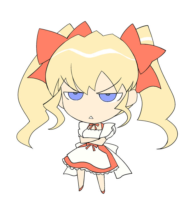 00s, 1girl, a1, angry, apron, blonde_hair, blue_eyes, chibi, crossed_arms, daikuji_ayu, daikuuji_ayu, dress, kimi_ga_nozomu_eien, looking_at_viewer, puffy_short_sleeves, puffy_sleeves, red_dress, short_sleeves, simple_background, solo, standing, tsurime, twintails, waist_apron, white_background