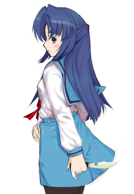 1girl, asakura_ryouko, half_updo, pantyhose, school_uniform, serafuku, solo, suzumiya_haruhi_no_yuuutsu