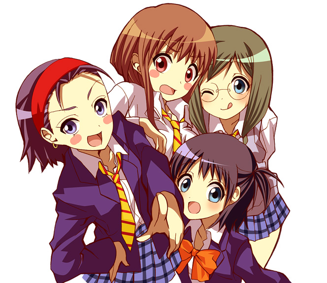 4girls, blue_eyes, blush, brown_hair, glasses, hairband, ikue_ogawa, joshi_kousei
