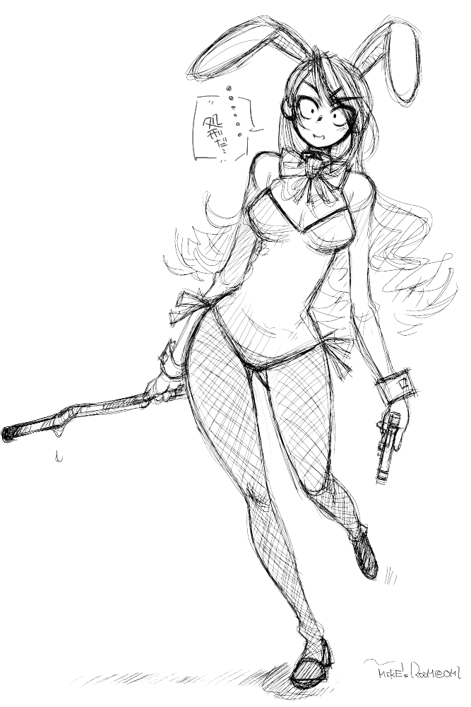 animal_ears, atlus, bunnysuit, fishnet_pantyhose, fishnets, kirijou_mitsuru, mike156, monochrome