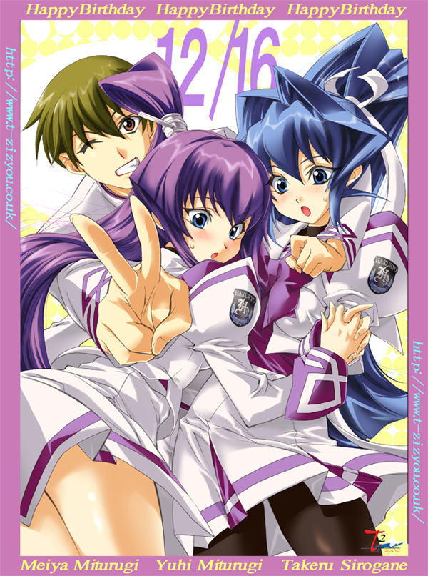 1boy, 2girls, blue_hair, blush, bow, brown_hair, grin, koubuin_yuuhi
