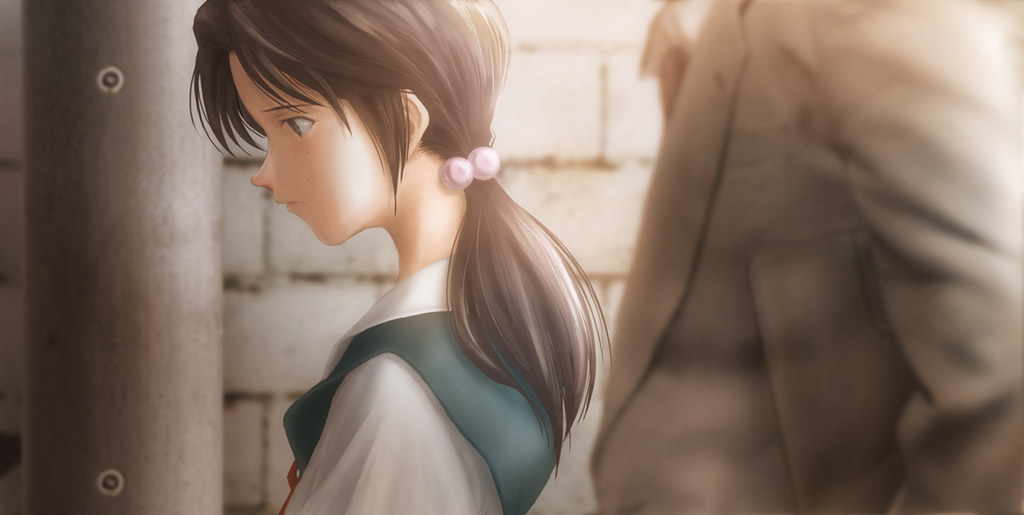1boy, 1girl, bangs, black_eyes, black_hair, brick_wall, brown_eyes, closed_mouth