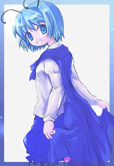 1girl, antennae, blue_eyes, blue_hair, cape, female, ozaki, ozaki_(ko-zaki)