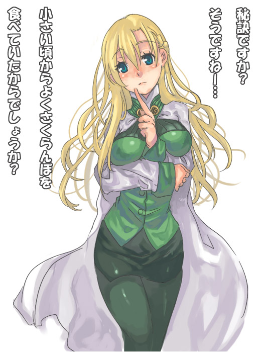 1girl, blue_eyes, blush, half_updo, long_hair, miniskirt, mint_(summon_night), oira