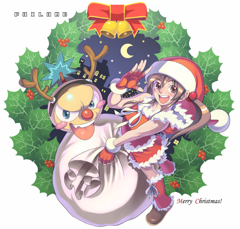 1girl, antlers, aoi_sora_(pairan), bag, bell, berries, bow, brown_eyes