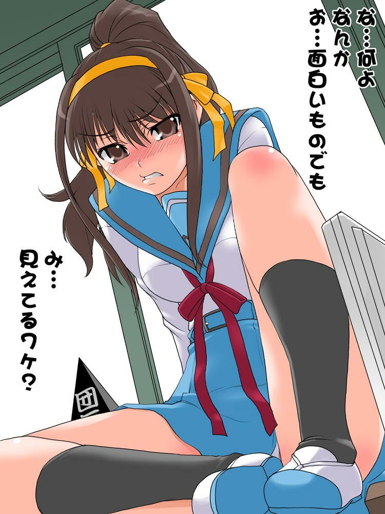 1girl, alternate_hairstyle, brown_hair, danchou_pyramid, panties, pantyshot, pantyshot_(sitting), ponytail