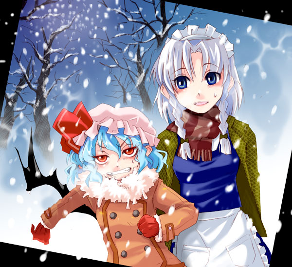 2girls, bat_wings, female, hirafumi, izayoi_sakuya, multiple_girls, nature, outdoors