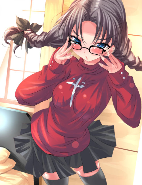 1girl, braid, breasts, fate/stay_night, fate_(series), glasses, shiranagi, solo