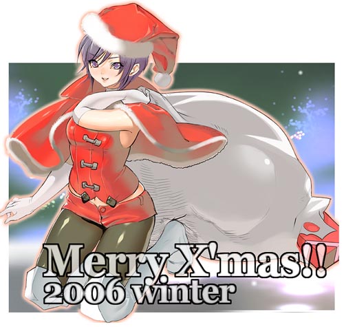 00s, 1girl, 2006, bag, christmas, female, fur_trim, gloves