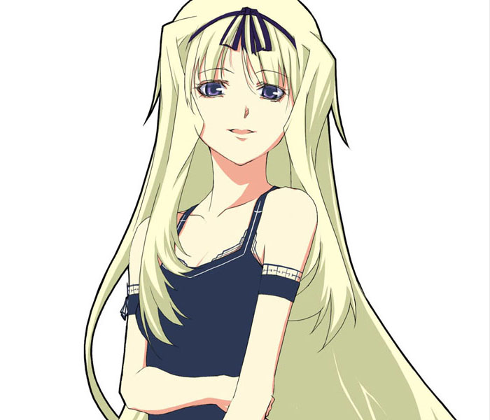 1girl, bangs, blonde_hair, collarbone, eyebrows, eyebrows_visible_through_hair, flat_chest, hairband, iqu, kusugawa_sasara, long_hair, looking_at_viewer, parted_lips, ribbon, simple_background, sleeveless, solo, to_heart_2, upper_body, violet_eyes, white_background