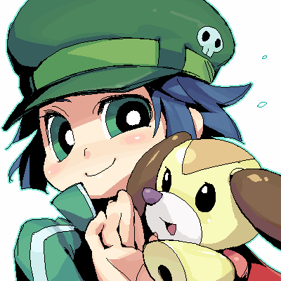 1girl, :d, animal, blue_hair, blush, close-up, dog, face, green_eyes, holding, lowres, matsubara_kaoru, oekaki, open_mouth, peach_(ppgz), powered_buttercup, powerpuff_girls, powerpuff_girls_z, shoes, simple_background, skull_print, smile, upper_body, white_background