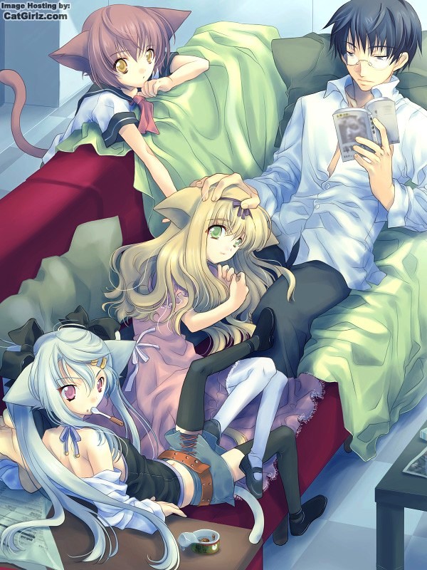 1boy, 3girls, animal_ears, blonde_hair, blue_hair, book, cat_ears, cat_tail