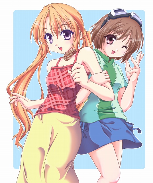 00s, 2girls, :d, ;d, arm_grab, blue_skirt, blush, brown_hair