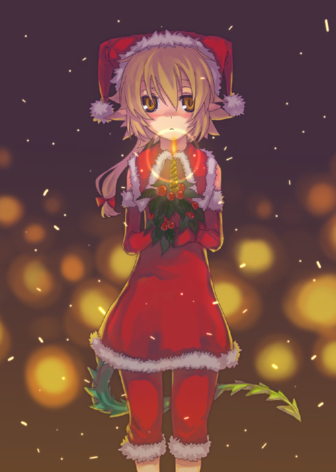 1girl, berries, candle, christmas, elbow_gloves, female, fur_trim, gloves