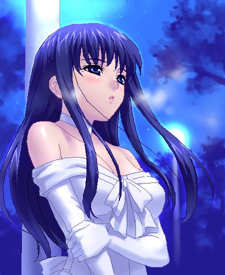 1girl, arm_grab, bare_shoulders, blue_eyes, blue_hair, blush, bow, breasts