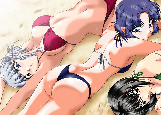 :o, armpits, arms_up, ass, beach, bikini, black_hair, blue_eyes
