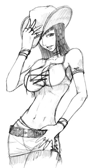 1girl, alabasta, armband, belt, bracelet, breasts, cleavage, cowboy_hat