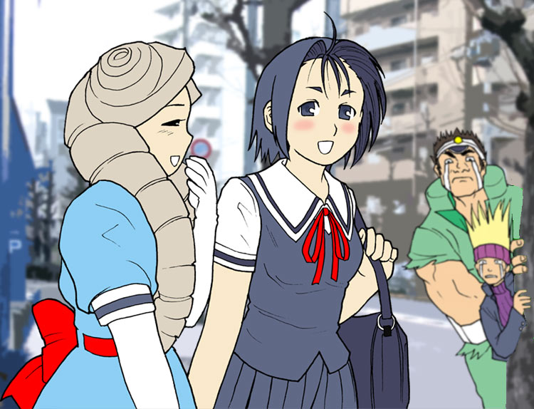 2boys, 2girls, aqua_dress, blush, dress, drill_hair, edge, elbow_gloves
