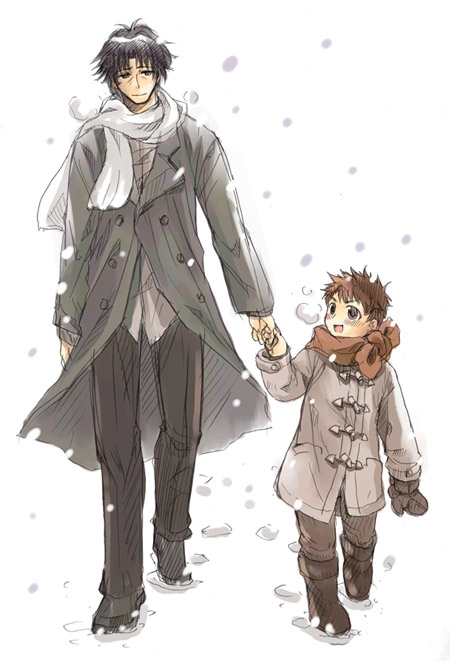 2boys, azuma_shouko, black_hair, emiya_kiritsugu, emiya_shirou, fate/stay_night, fate_(series), father_and_son, formal, gloves, male_focus, multiple_boys, redhead, scarf, snow, snowing