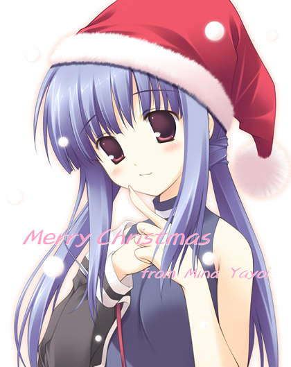 1girl, blue_hair, blush, christmas, hat, hironii_(nirvana_soft), long_hair, merry_christmas