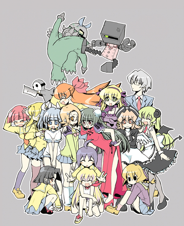 1boy, 6+girls, :d, ahoge, anger_vein, apron, armlet, barefoot