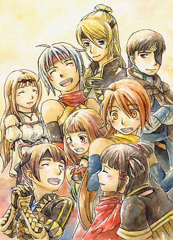 4boys, 4girls, :d, ^_^, ^o^, ahoge, armor, bad_anatomy