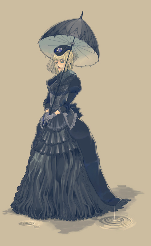 1girl, black_dress, blonde_hair, blue_eyes, brown_background, dress, gensou_suikoden, gensou_suikoden_iii