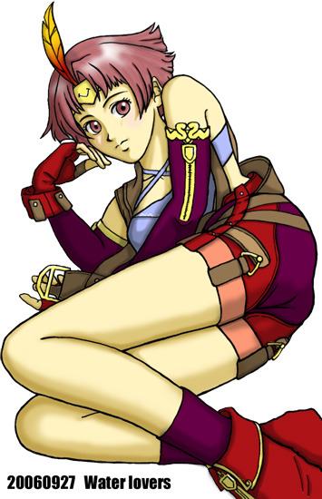 1girl, ankle_boots, ass, bare_shoulders, boots, elbow_gloves, faylen, fingerless_gloves, gensou_suikoden, gensou_suikoden_v, gloves, head_rest, kneehighs, looking_at_viewer, lying, on_side, pink_eyes, pink_hair, purple_gloves, purple_legwear, red_boots, short_hair, simple_background, smile, solo, white_background