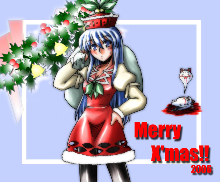 00s, 1girl, 2006, bag, bell, blood, blue_eyes, blue_hair