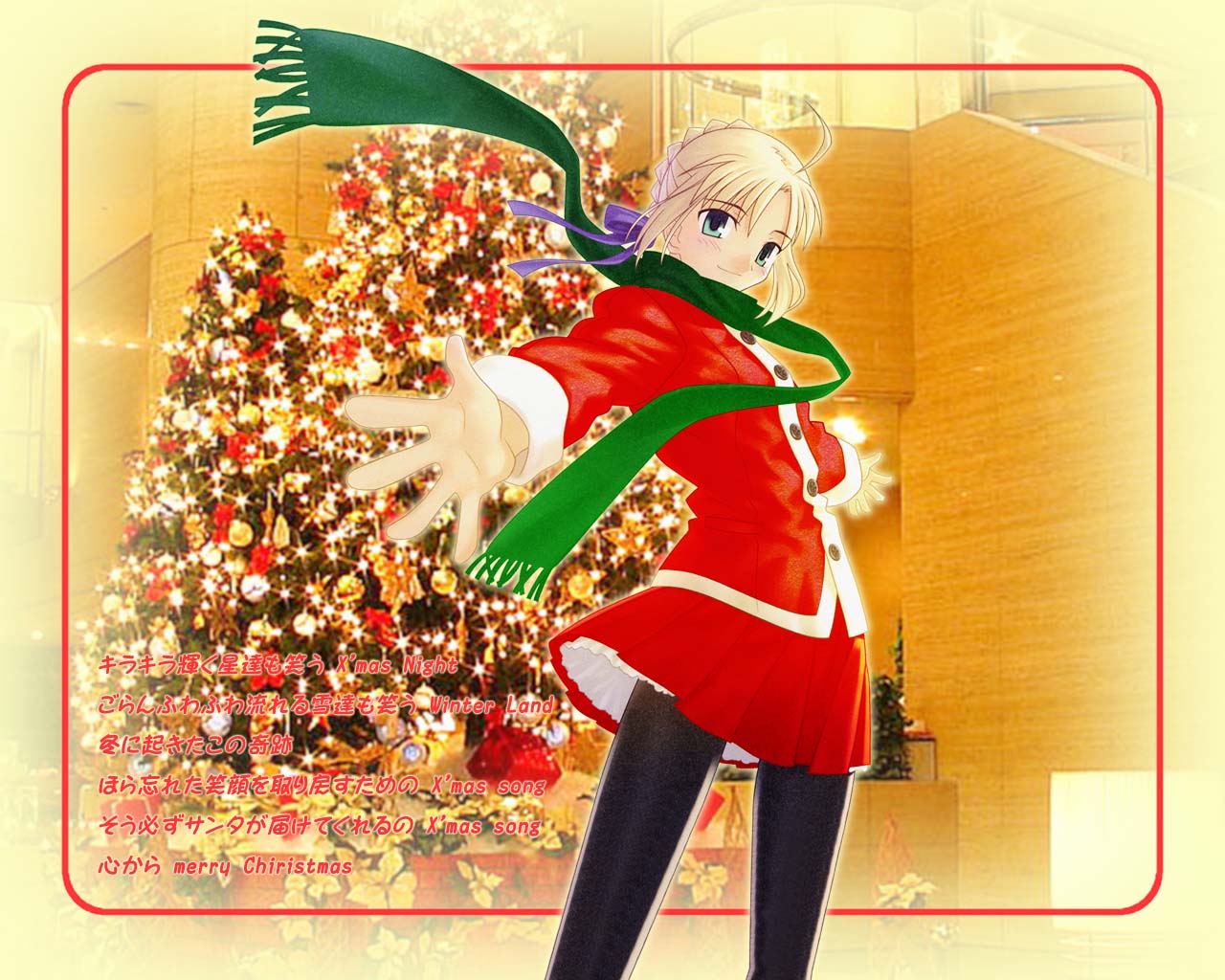 1girl, blonde_hair, christmas, fate/stay_night, fate_(series), female, indoors, jacket