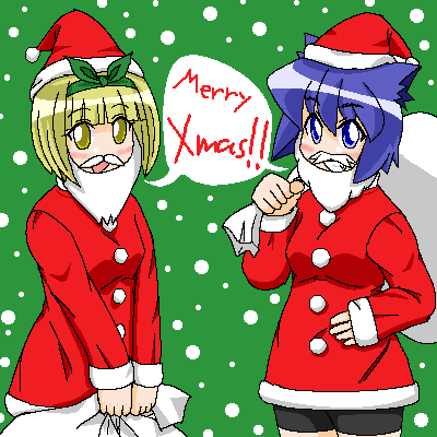 2girls, animal_ears, blonde_hair, blue_eyes, blue_hair, cat_ears, christmas, fake_mustache
