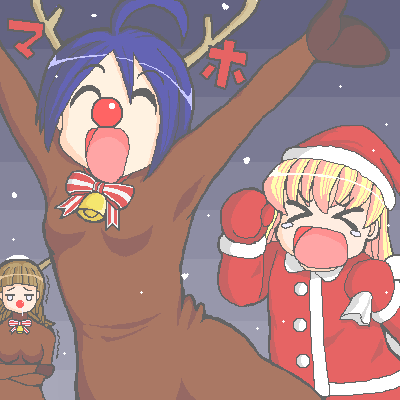 >_<, 3girls, ahoge, animal_costume, antlers, arms_up, bangs, bell