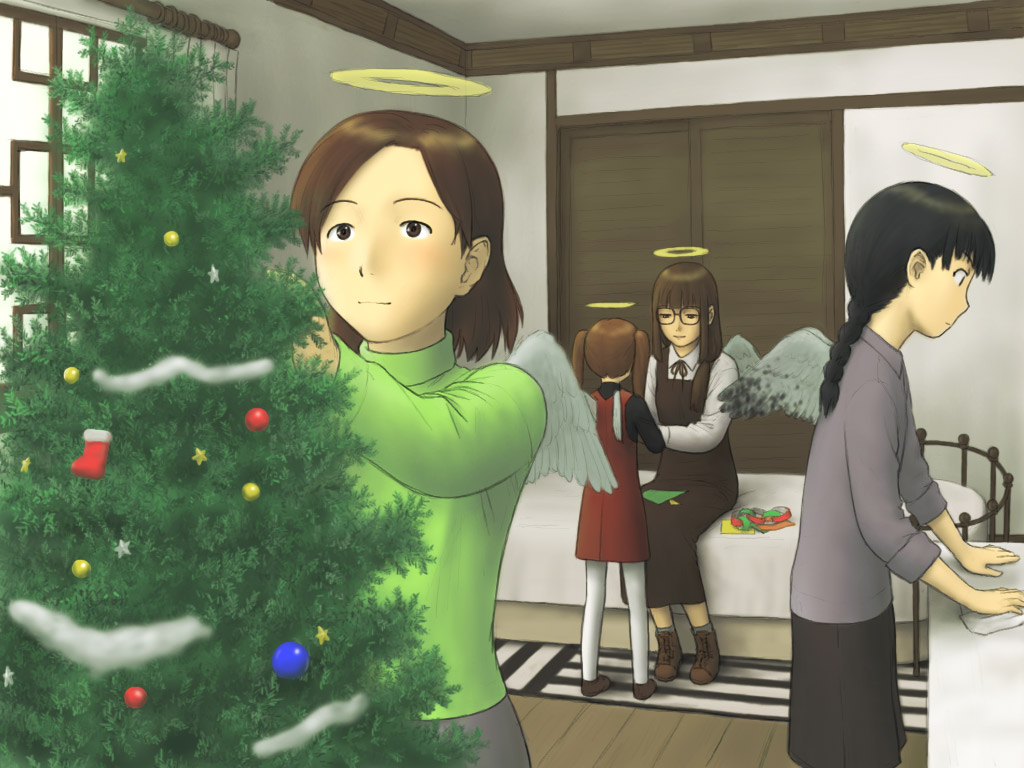 00s, 4girls, angel_wings, black_hair, braid, brown_eyes, brown_hair, christmas
