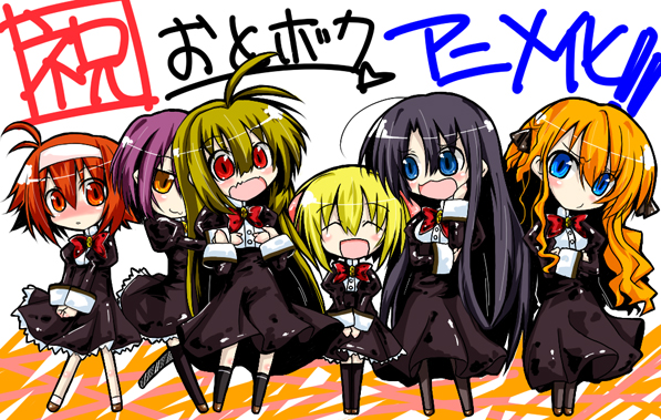 1boy, 6+girls, :d, ^_^, ^o^, ahoge, black_dress, black_legwear