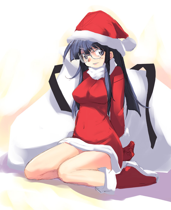 1girl, ankle_boots, arms_behind_back, black_hair, blush, boots, christmas, e=mc2_(mosimosi)