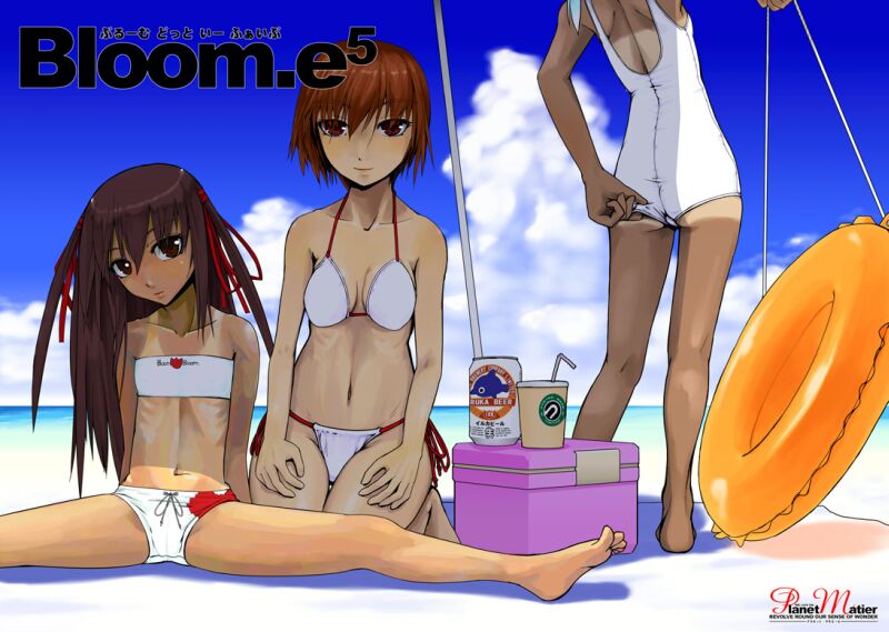 3girls, adjusting_clothes, adjusting_swimsuit, alcohol, ass, barefoot, beach, beer, bikini, cooler, cup, drinking_straw, feet, flat_chest, innertube, multiple_girls, ocean, one-piece_tan, ribs, sitting, skinny, sky, spread_legs, swimsuit, tan, tanline, white_bikini, white_swimsuit, yamamoto_canponi