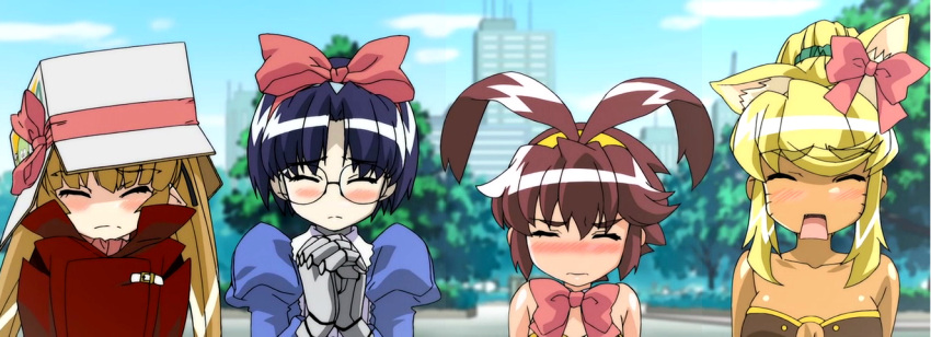 4girls, aiko, aiko_(renkin_san-kyuu_magical_pokaan), android, animal_ears, bare_shoulders, blonde_hair, blue_hair