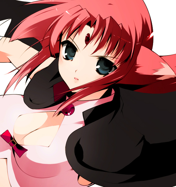 00s, 1girl, animal_ears, arf, blue_eyes, breasts, cape, cleavage