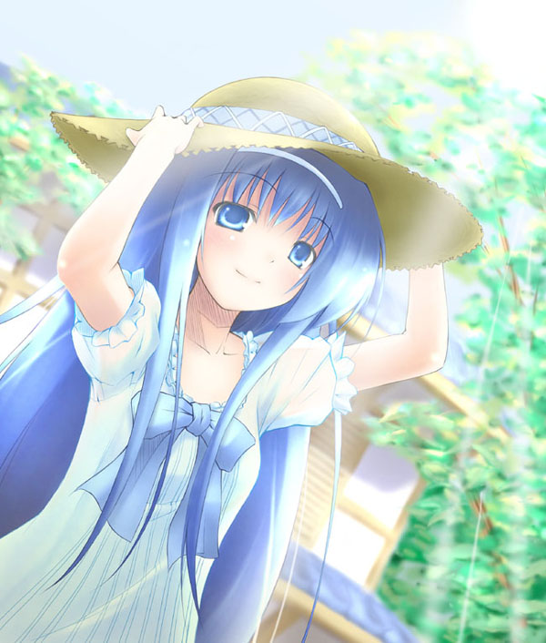 1girl, arms_up, blue_eyes, blue_hair, blush, bow, dousaki_shin'ya, dress