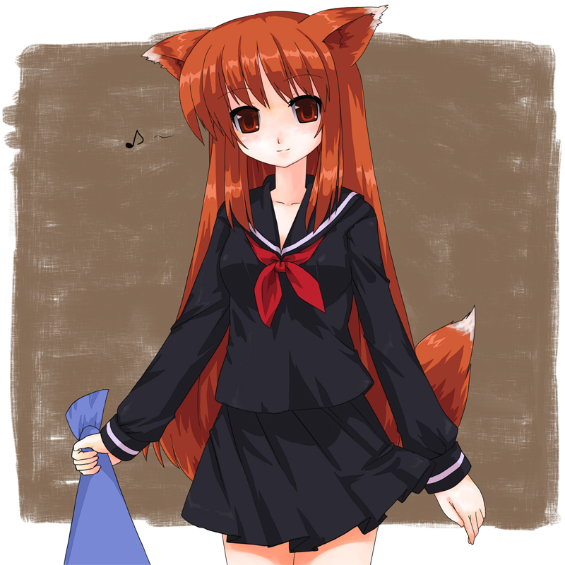 animal_ears, fox_ears, hana_(ukagaka), kt2, long_hair, original, red_eyes, red_hair, redhead, school_uniform, suke_(ukagaka), tail, ukagaka