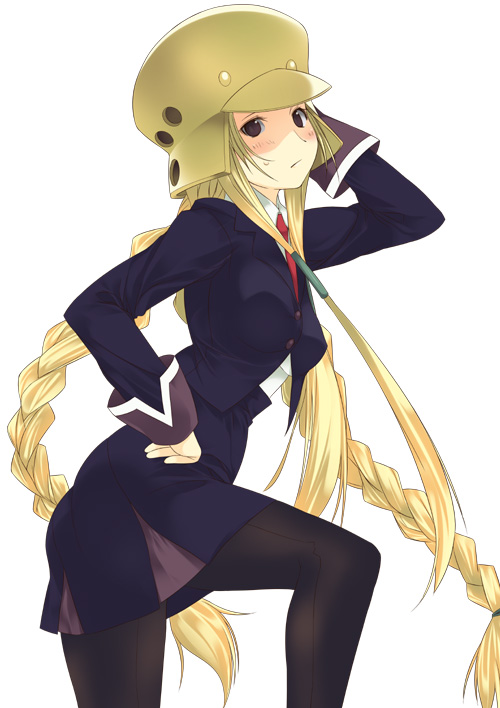 1girl, blonde_hair, blush, braid, cosplay, crossover, genshiken, hat, kasukabe_saki, kujibiki_unbalance, leg_lift, long_hair, mizuki_makoto, necktie, pantyhose, quad_tails, ritsuko_kubel_kettenkrad, ritsuko_kubel_kettenkrad_(cosplay), simple_background, solo, twin_braids, very_long_hair